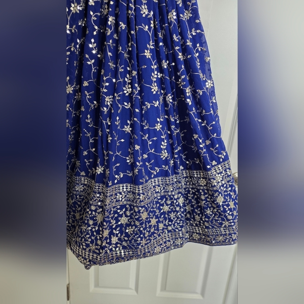 Blue Sequence With Silver Embroidery Work Georgette Lehenga Choli - Picture 6 of 13